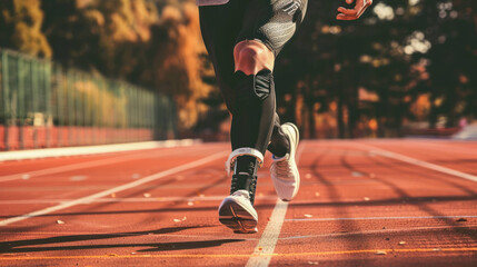 Determined Athlete with Prosthetic Leg Running on Track towards Victory