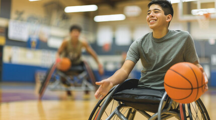 Determined disabled teen playing wheelchair basketball in a gym setting