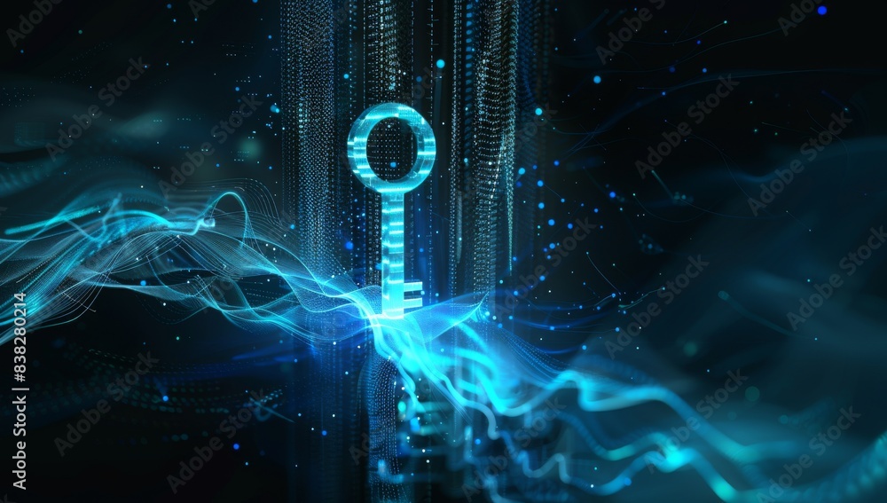 Poster a generative ai concept involving key and binary code for cyber security.