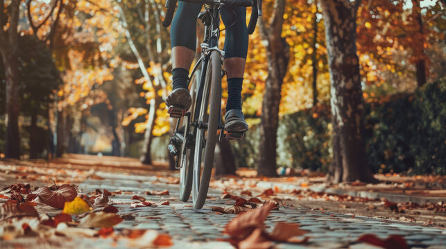 Determined athlete with prosthetic leg cycling peacefully through a scenic park setting on a sunny day - Powered by Adobe