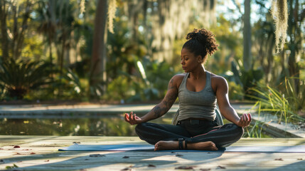 Fototapeta premium Empowering Yoga Practice: Disabled Woman Finding Serenity Outdoors
