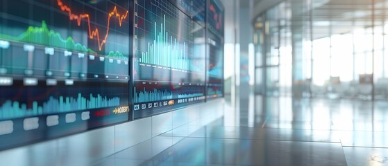 abstract blurred business background with large monitor displaying financial data stock quotes and charts in a bright modern building of a modern stock exchange or office building. Generative ai   