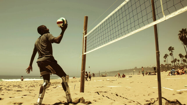 Determined teen with prosthetic leg playing beach volleyball with friends under the sun - Powered by Adobe