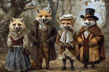 Obraz premium arctic fox dressed in victorian era clothing illustration