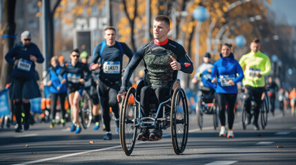 Naklejka premium Inspiring Disabled Athlete Running a Marathon Alongside Participants in Race Event