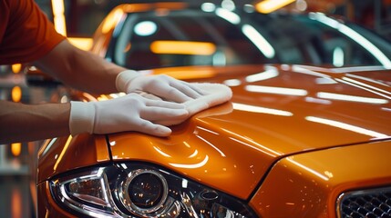 an employee of a car detailing salon polishes a sports business car with special products and cloth while wearing gloves. Generative ai  