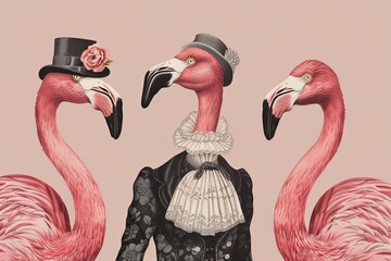 Flamingo dressed in victorian era clothing illustration