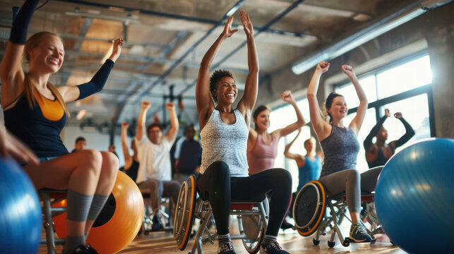 Empowering Inclusive Fitness: Diverse Group of Adults with Disabilities Engaging in Aerobics Class for Health and Happiness
