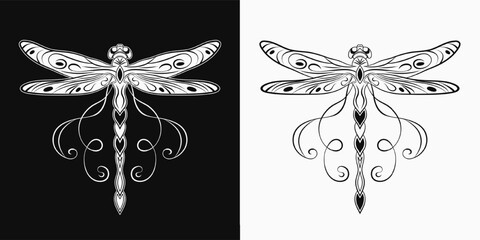 Fantasy dragonfly with curled antennae, stretched wings in Art Nouveau style. Single isolated colorful illustration in vintage style. Top view.