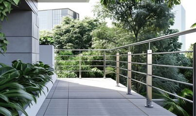 Close-up of a stainless steel railing on a modern balcony, with selective focus and blurred background.