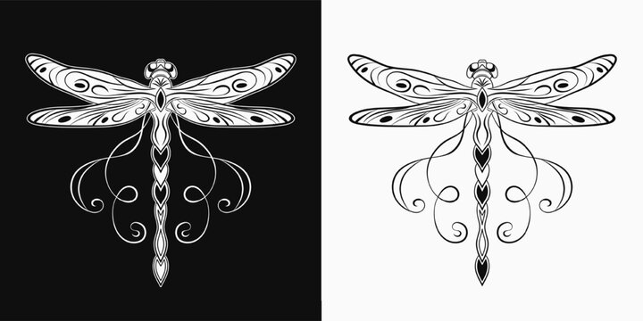 Fantasy dragonfly with curled antennae, stretched wings in Art Nouveau style. Single isolated colorful illustration in vintage style. Top view.