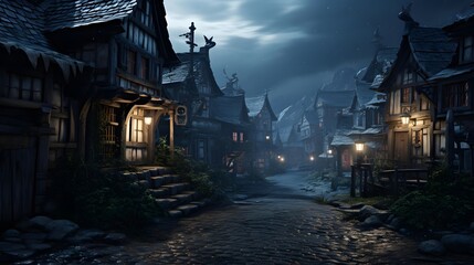 Old wooden houses in a village at night. Panoramic view.