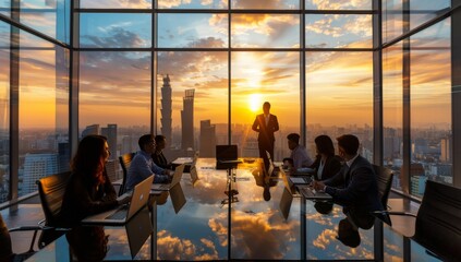 A group of business people in silhouette standing against the backdrop of an illuminated city skyline at sunset, and bokeh creating a dreamy atmosphere, symbolizing unity success work.