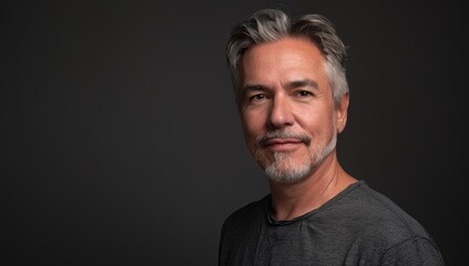 Obraz premium A handsome man with gray hair and a short beard, looking at the camera. mature businessman standing alone against a grey background in the studio and celebrating an achievement