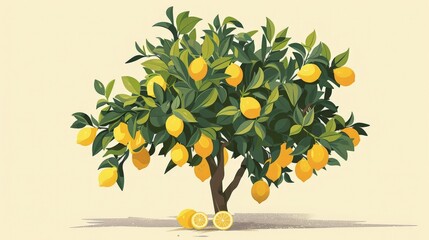 A playful illustration of a lemon tree brimming with lemons in front of a plain background