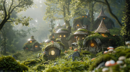 Gnome Village in Woods, tiny magical community, Miniature houses, trees
