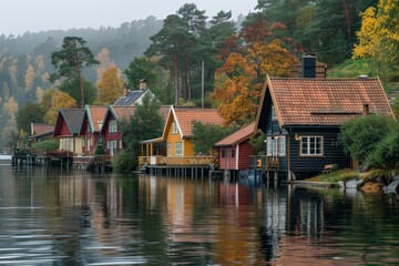 Obraz premium Colorful Lakeside Houses in Autumn
