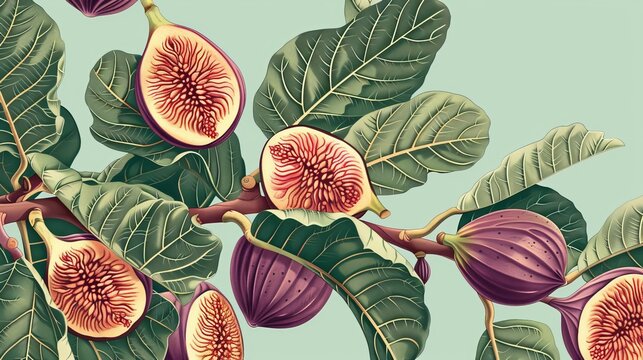 A vibrant and detailed drawing of a fig tree laden with figs on a clear background