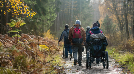 Diverse Group of Friends with Disabilities Enjoying a Hiking Adventure in Nature