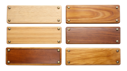 six rectangular wooden nameplates. Each slab has a different wood grain pattern and color