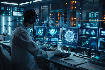 Cyber guardian AI dissects malware, holographic lab scene