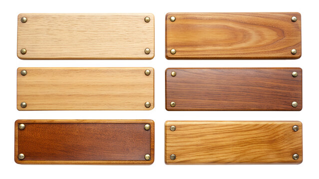 six rectangular wooden nameplates. Each slab has a different wood grain pattern and color