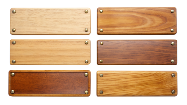 six rectangular wooden nameplates. Each slab has a different wood grain pattern and color