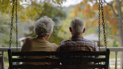 Elderly couple sitting together on porch swing, one partners onset of Alzheimers straining their lifelong bond and future