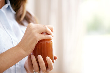 Person, fruit and hands with jar of jam, healthy and organic for nutritionist, kitchen and house....