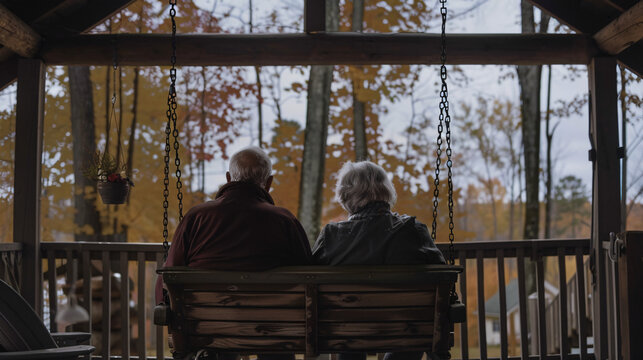 Elderly couple sitting together on porch swing, one partners onset of Alzheimers straining their lifelong bond and future