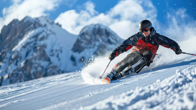 Determined Disabled Athlete Skiing Down Mountain Slope in Winter Sports Challenge