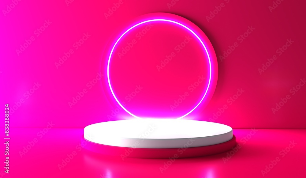 Poster pink realistic 3d cylinder stand podium with glowing yellow neon in circle shape. abstract 3d render