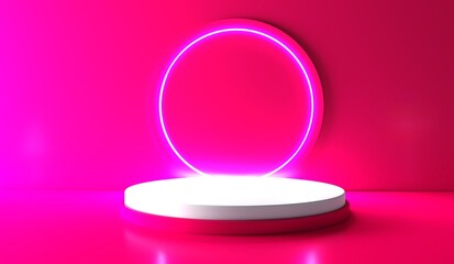 Pink realistic 3d cylinder stand podium with glowing yellow neon in circle shape. Abstract 3D Rendering geometric forms. Minimal scene. Stage showcase, Mockup product display.	
