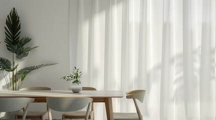 A modern minimalist dining room, pristine white walls, a simple wooden table with matching chairs set neatly, a potted plant adding a touch of green