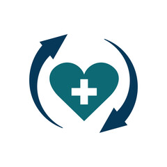 health icon with two circular arrows, a heart and a plus sign. flat style design. Suitable for use in hospitals, pharmacies, pharmacies, etc. template vector design
