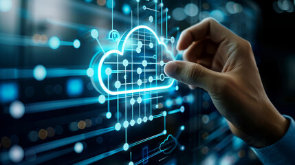 Fototapeta premium Hand Touching Digital Cloud Icon in Futuristic Interface. Concept of Cloud Computing and Data Interaction