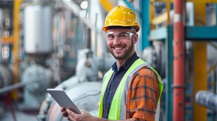 Smiling Engineer Using Tablet in Industrial Facility Generative AI image