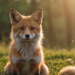 a fox sitting in the grass with a sunbeam