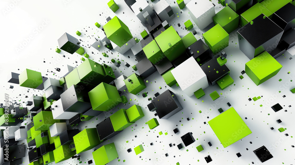Poster abstract 3d green and black cubes floating in a futuristic digital pattern on a white background. pe