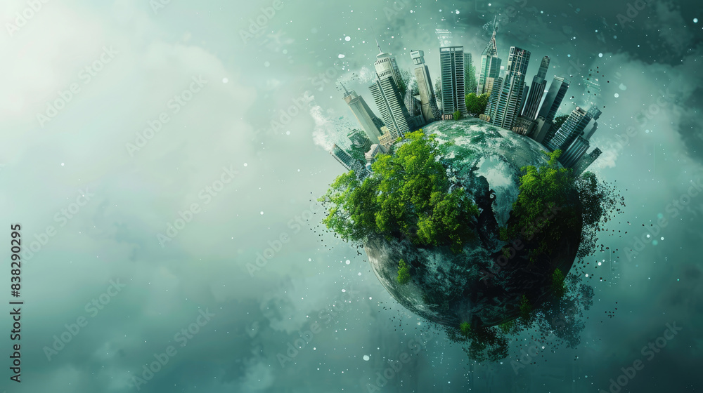 Poster conceptual globe with industrial structures and green trees blending nature and technology in a futu