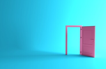 Open the door. Pink door, open entrance in blue background room. Architectural design element. Modern minimal concept. Opportunity metaphor.