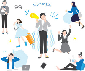 女性アバターセットーwoman's life -生活ー全身ーオシャレアイコンセットシンプルベクター素材