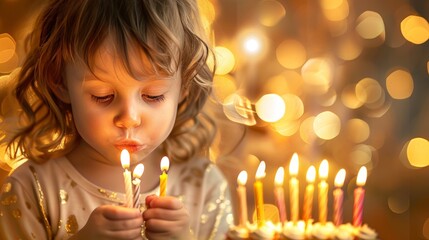 child blowing out birthday candles, cheeks puffed and eyes full of excitement and anticipation 