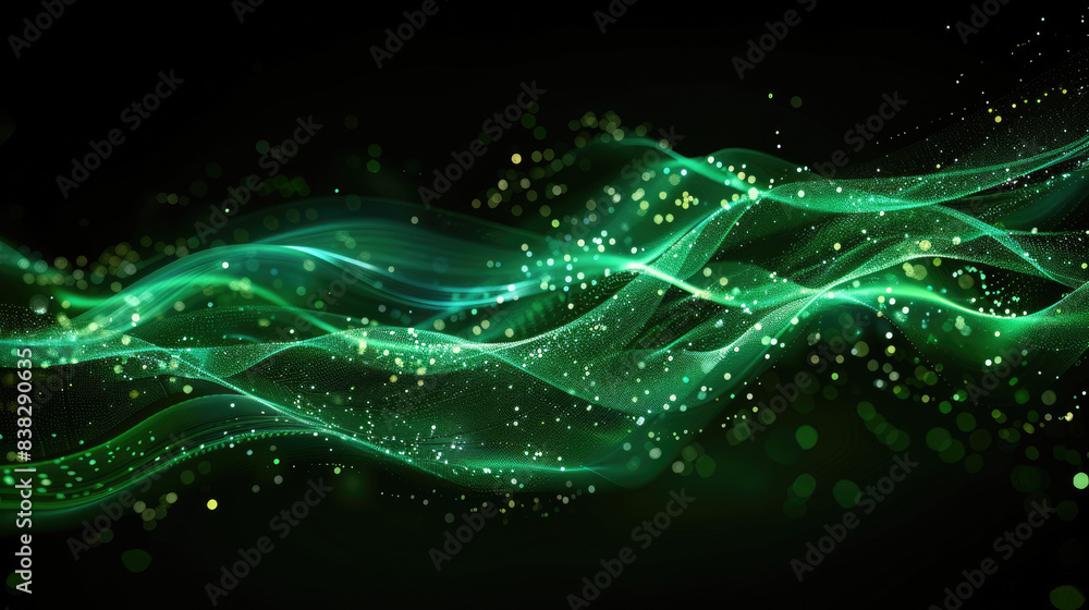 Poster digital green wave network with abstract technology design and glowing green lines on a dark backgro