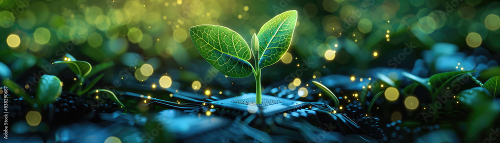 Poster digital plants growing from a microchip with futuristic eco-friendly technology and a bokeh backgrou