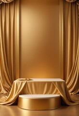 Golden luxurious fabric elegantly draped over a blank podium, set against a rich gold background, epitomizes luxury