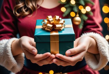 Female hands holding a gift box, symbolizing the spirit of Christmas, New Year, and birthdays