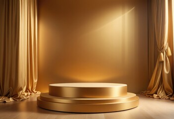 Golden luxurious fabric elegantly draped over a blank podium, set against a rich gold background, epitomizes luxury