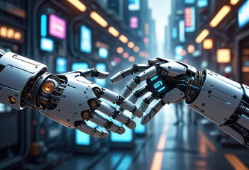 In the backdrop of a futuristic digital era, human and robotic handshake symbolizes the convergence of science and technology 