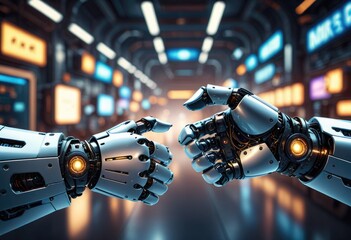 In the backdrop of a futuristic digital era, human and robotic handshake symbolizes the convergence of science and technology 